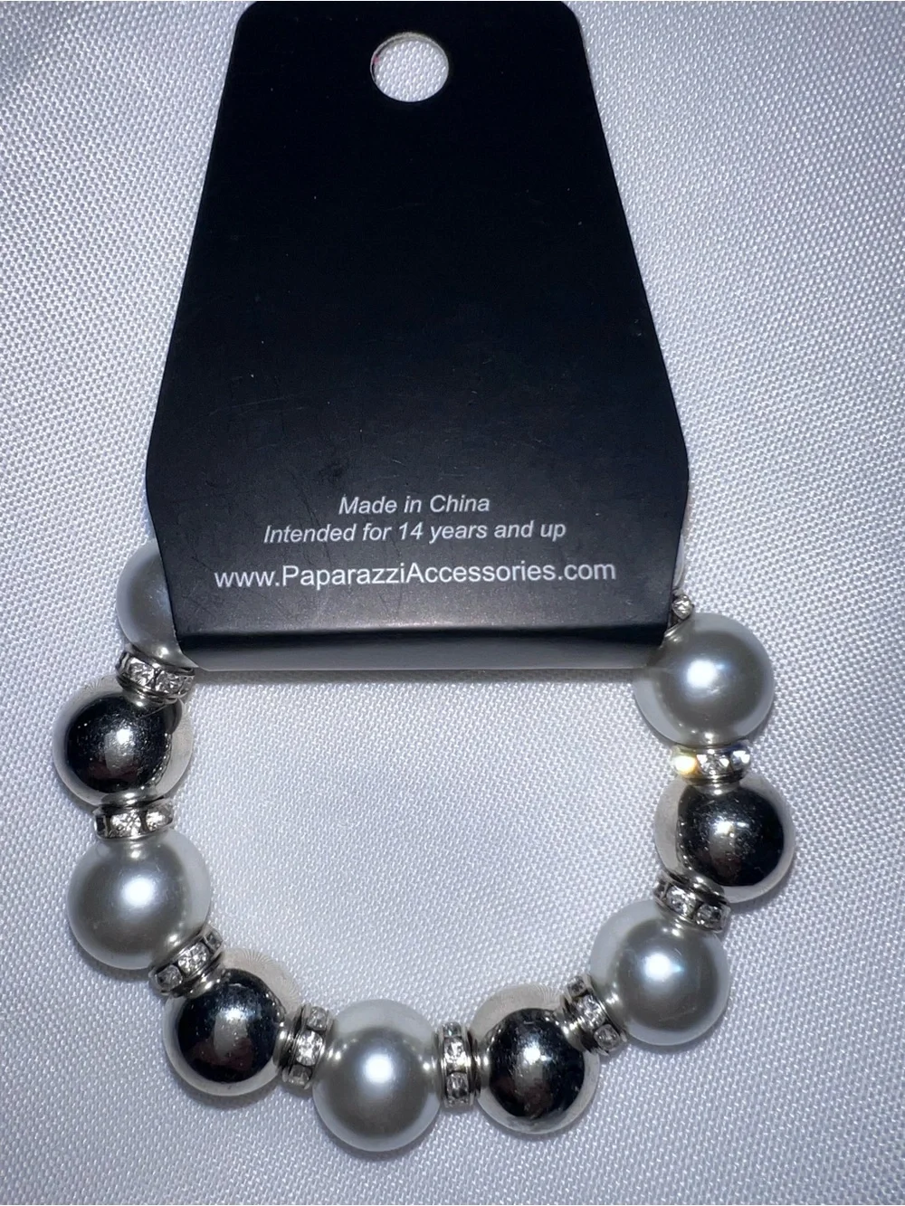 paparazzi Silver & White Pearl Stretch Bracelet with Rhinestone Accents